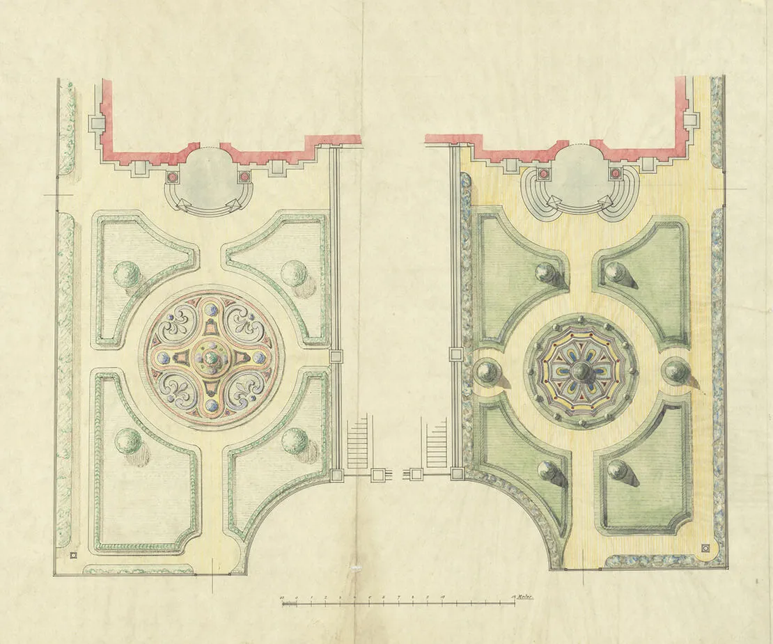 Entwurfsplan für Blumenparterres vor dem Deutschen und Französischen Saal, um 1880 (Künstlerhausarchiv, Künstlerhaus Pläne, Garten Nr. 5420)