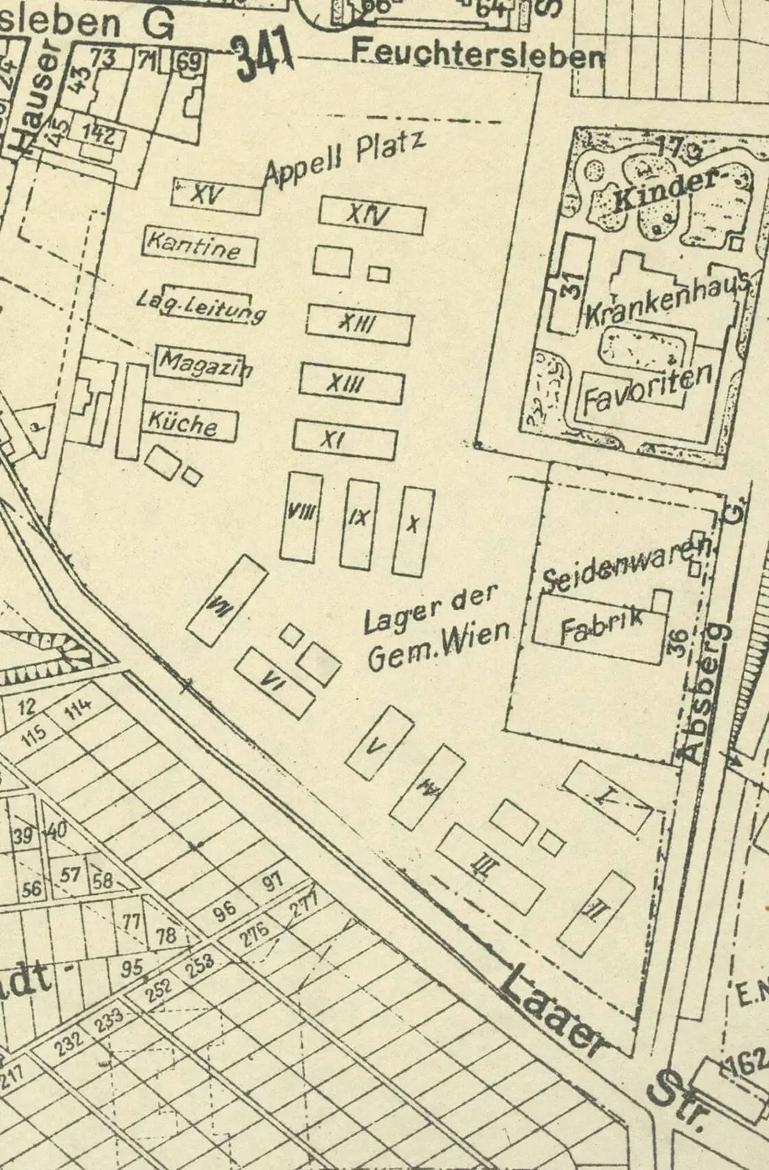 Der 1942 aktualisierte Feuerwehrplan zeigt den Aufbau des Lagers X in der damaligen Laaerstraße 61 (heute Laaer-Berg-Straße 37). Quelle: WStLA  