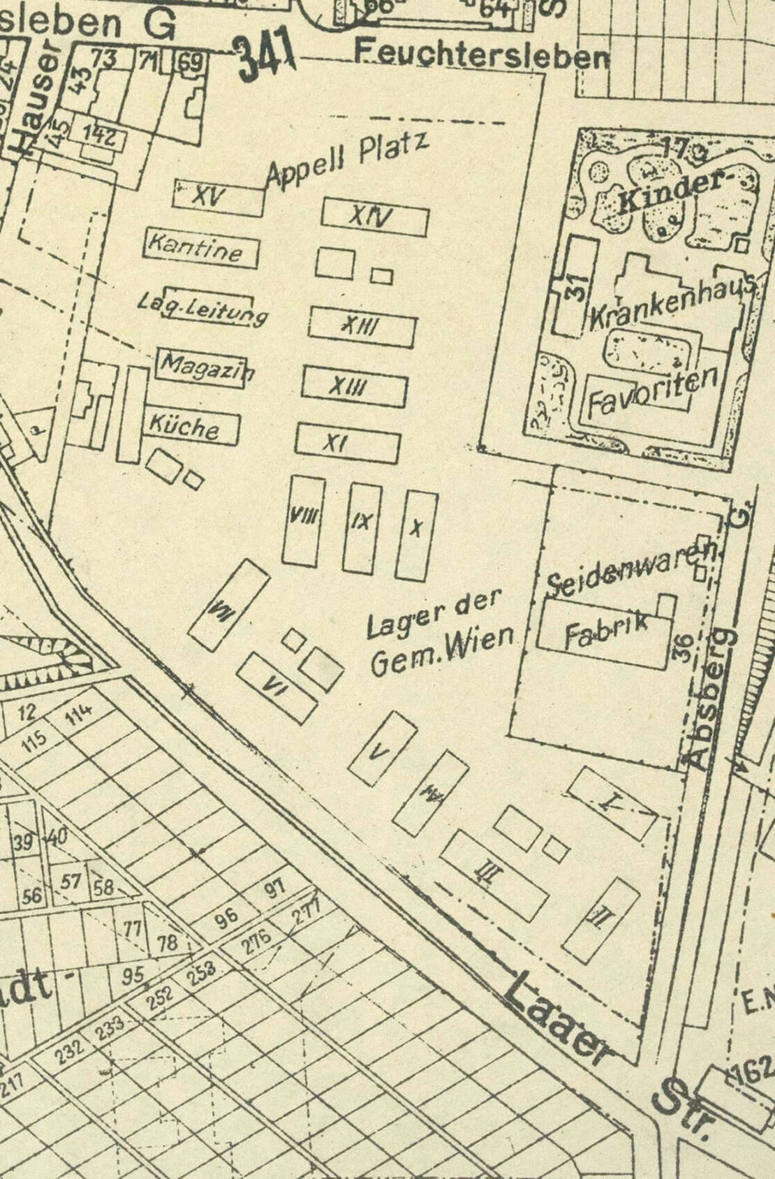 Der 1942 aktualisierte Feuerwehrplan zeigt den Aufbau des Lagers X in der damaligen Laaerstraße 61 (heute Laaer-Berg-Straße 37). Quelle: WStLA