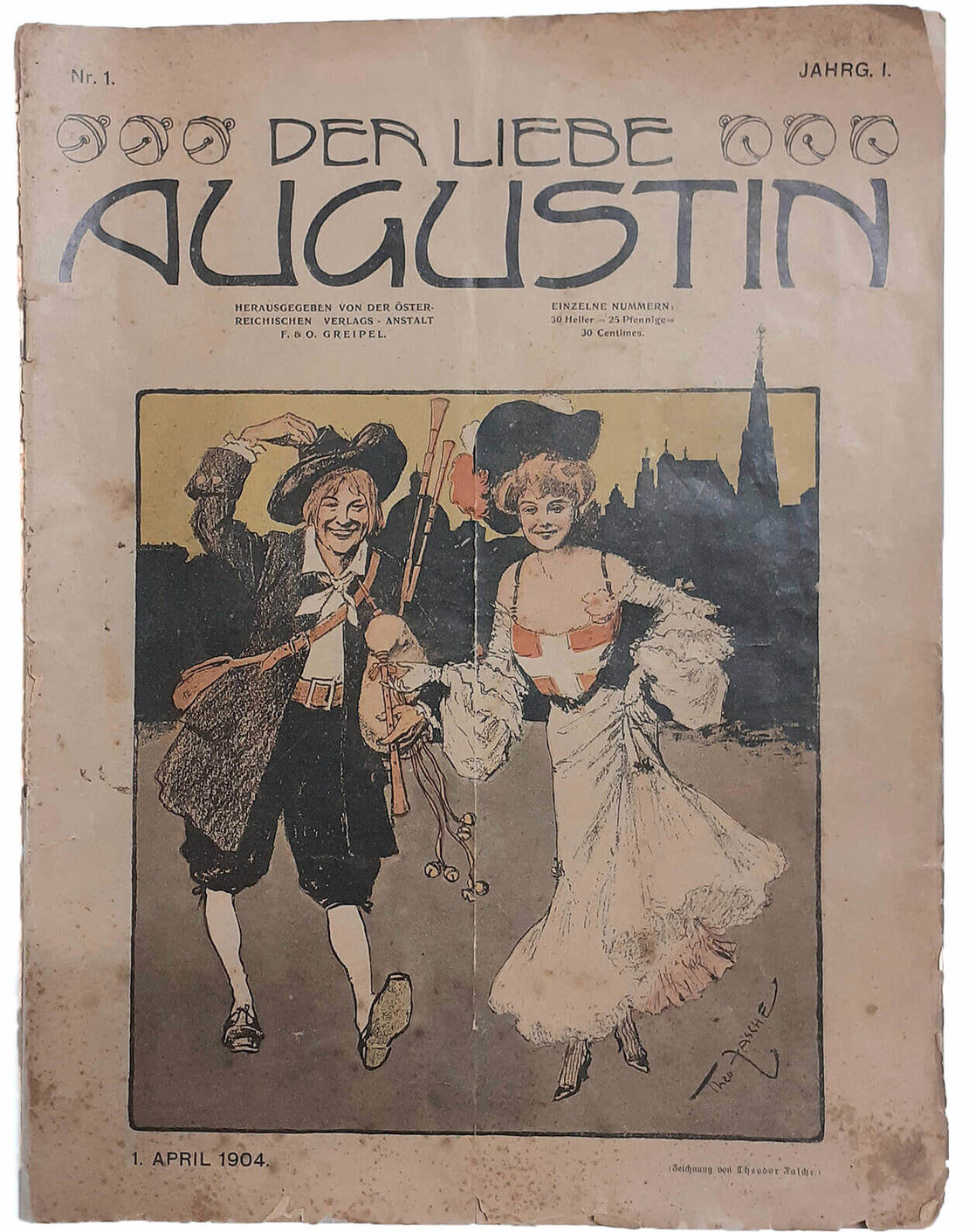 Titelblatt der Zeitschrift „Der liebe Augustin“, 1. Jg., Nr. 1, 1. April 1904 (Illustration von Theodor Zasche), Wien Museum 
