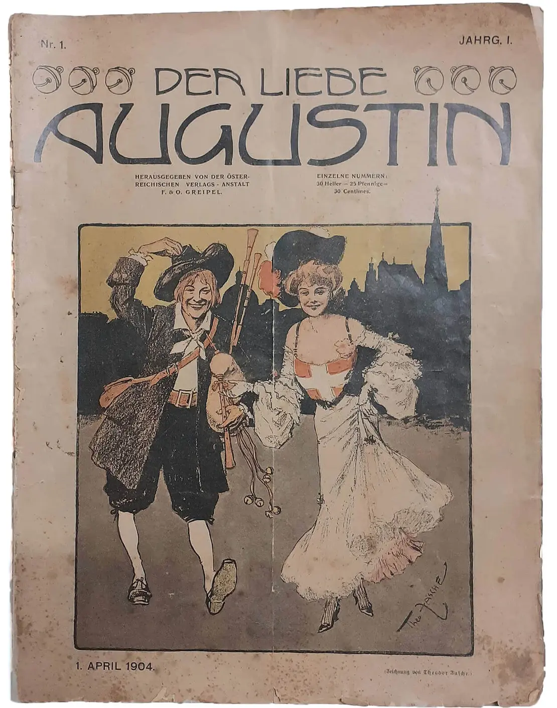 Titelblatt der Zeitschrift „Der liebe Augustin“, 1. Jg., Nr. 1, 1. April 1904 (Illustration von Theodor Zasche), Wien Museum  