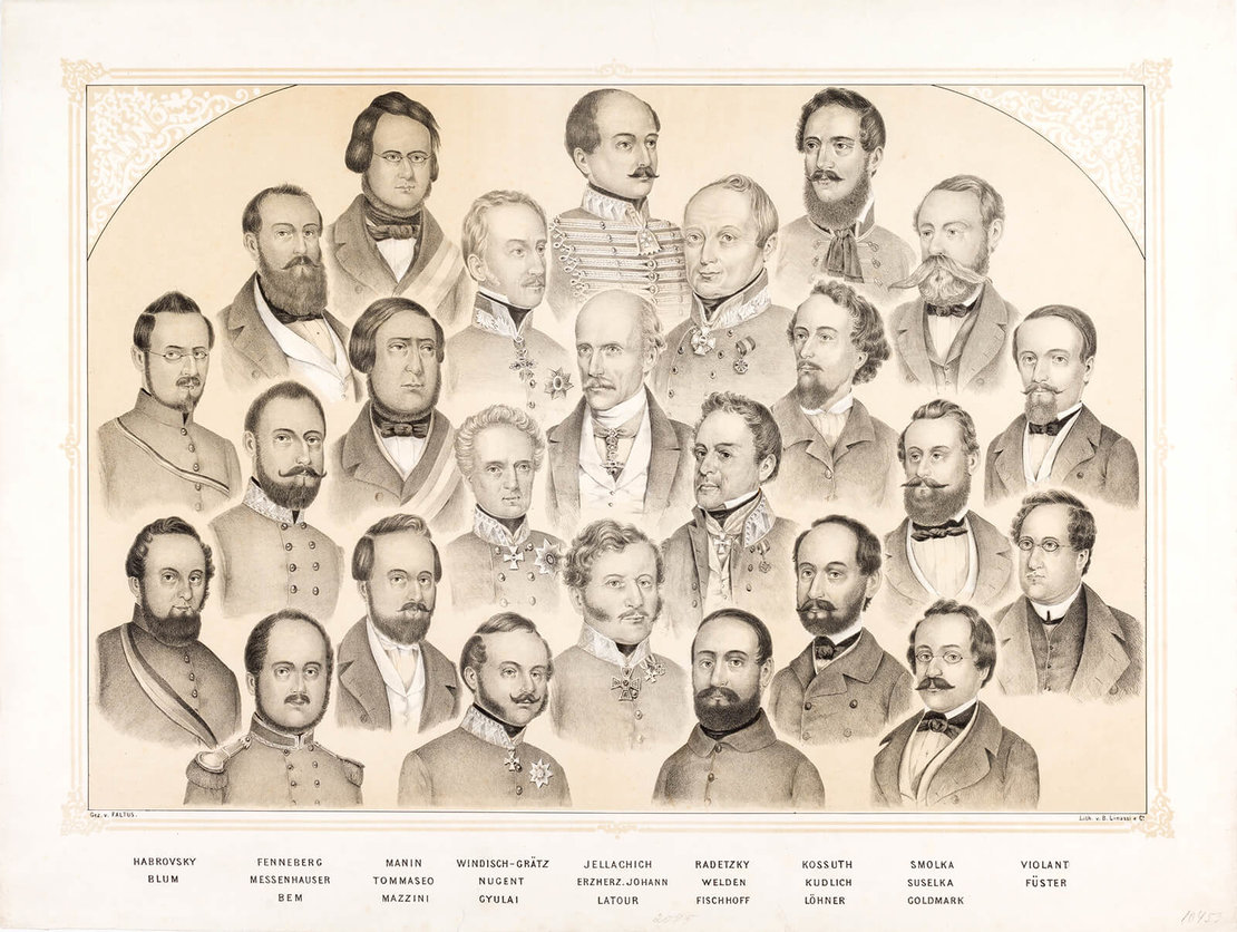25 Revolutionäre von 1848, darunter Anton Füster, Josef Goldmark, Hans Kudlich und Ernst Ritter von Violand, 1849, Wien Museum 