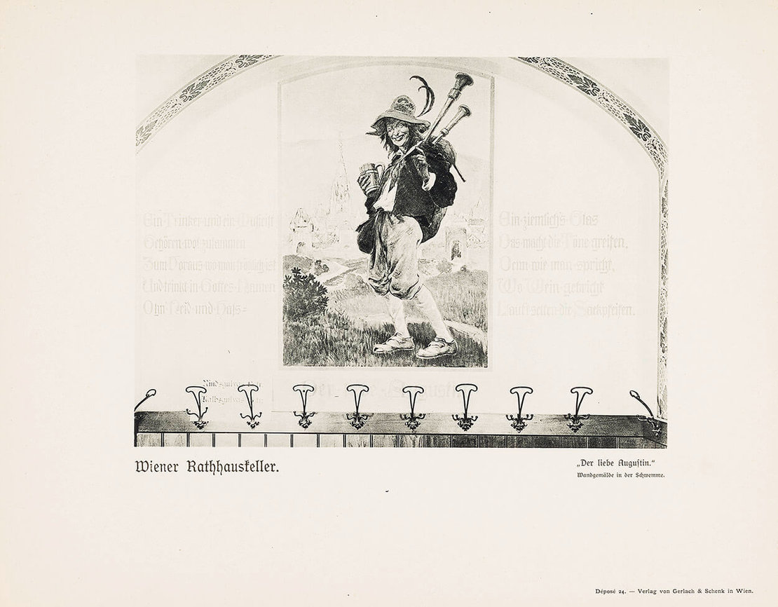 Wiener Rathauskeller, Wandgemälde „Der liebe Augustin“ in der Schwemme (aus einer Serie von Reproduktionen aus dem Rathauskeller, Verlag Gerlach und Schenk, um 1900), Wien Museum 