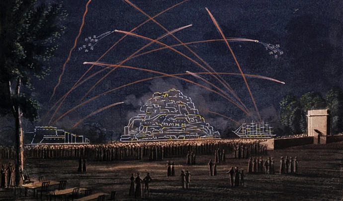 Szenisches Feuerwerk, kolorierter Kupferstich (Ausschnitt), um 1820, Wien Museum