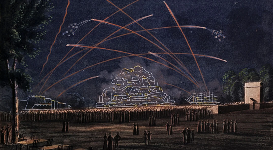 Szenisches Feuerwerk, kolorierter Kupferstich (Ausschnitt), um 1820, Wien Museum  