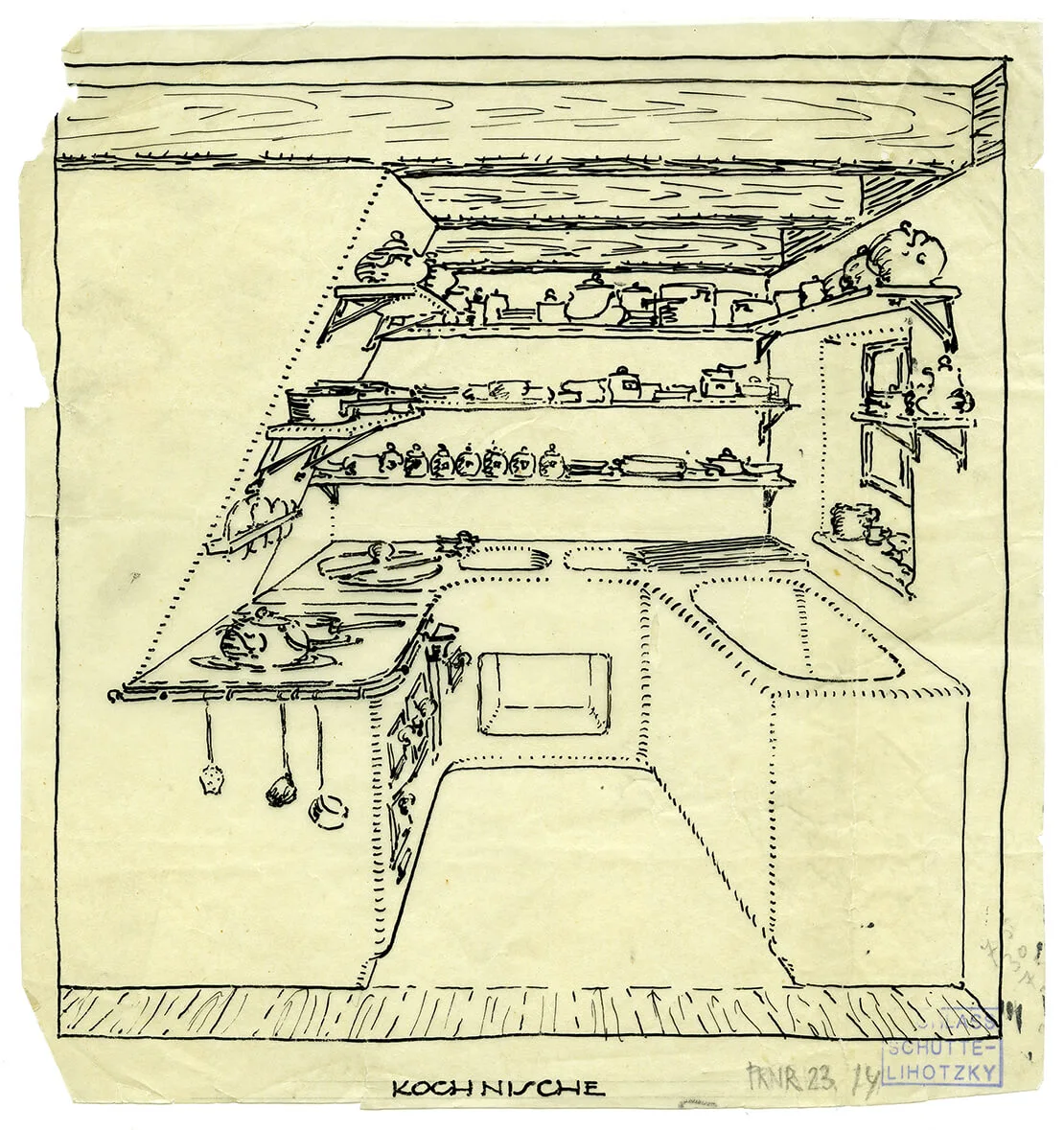 Siedlerhütte, Innenperspektive Kochnische, 1921; Universität für angewandte Kunst Wien, Kunstsammlung und Archiv, Nachlass Margarete Schütte-Lihotzky/Luzie Lahtinen-Stransky, Inv. Nr. 23/4  