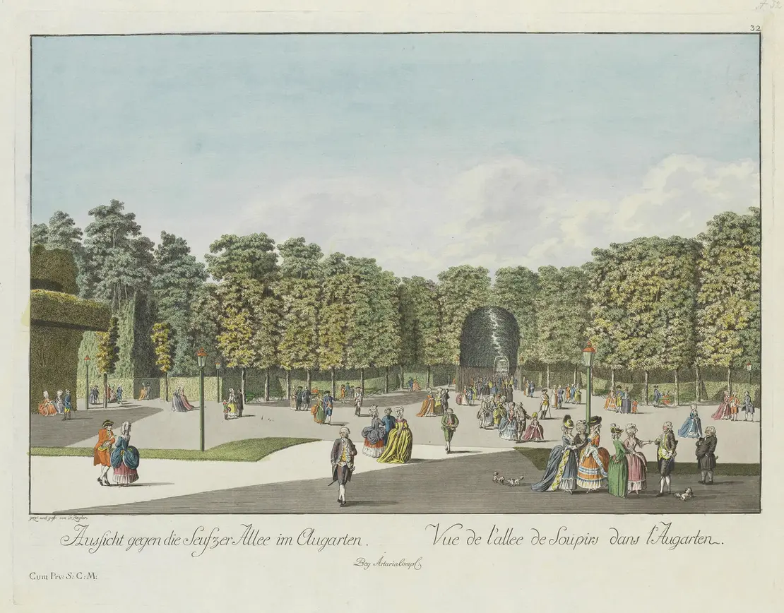 „Aussicht gegen die Seufzer Allee im Augarten“, Johann Ziegler, Kupferstich und Radierung, koloriert, um 1783, Wien Museum, Inv.-Nr. 64296
