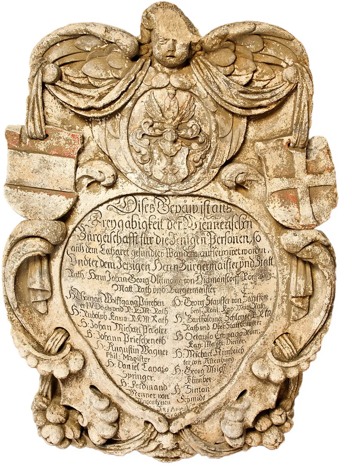 Ursprünglich am Bäckenhäusel angebrachte Inschriftentafel, die anlässlich der Erbauung 1656 angefertigt wurde, Wien Museum