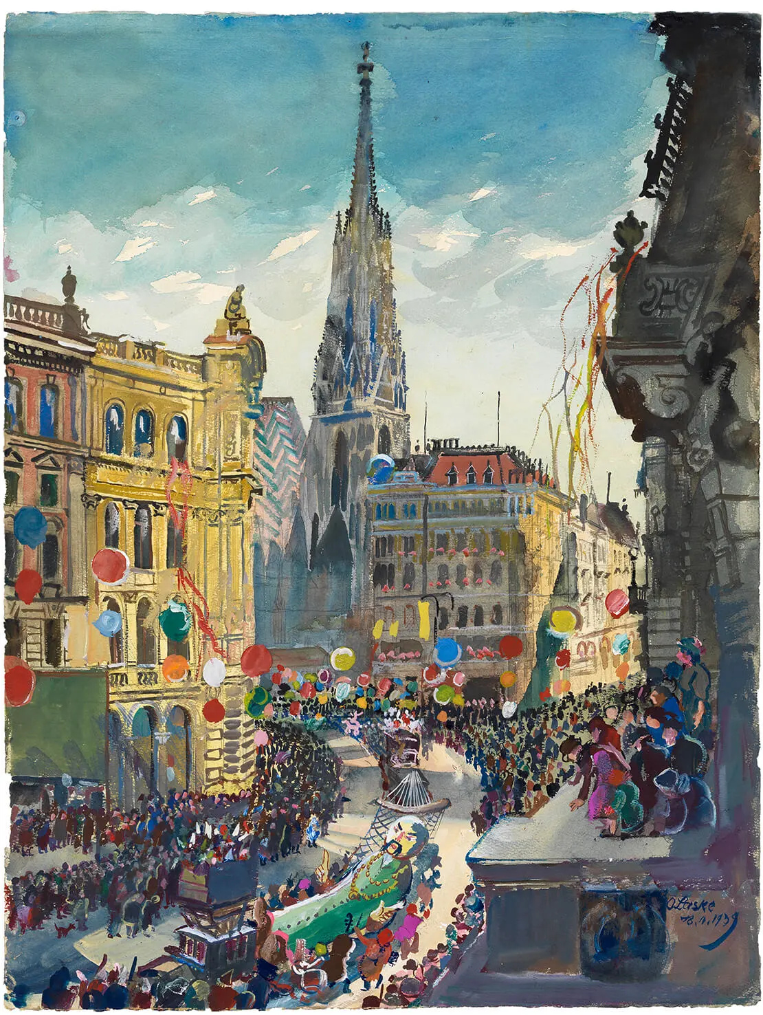 Oskar Laske: Faschingszug in Wien 18. Februar 1939, Sammlung Wien Museum. Der Künstler, der hier zentral die Wagengruppe „Ruhetag des Kalafatti“ ins Bild setzt, irrte sich bei der Datierung des Festzugs um einen Tag.  