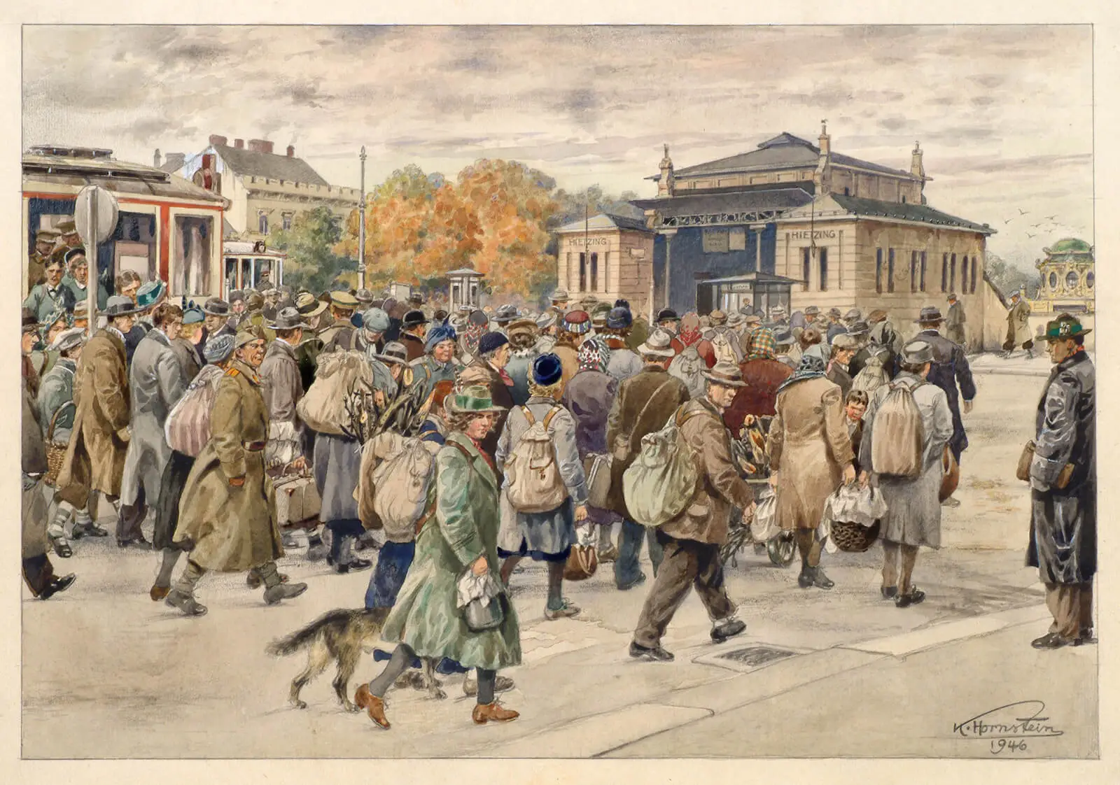 Karl Hornstein: Lebensmittel- u. Holzhamsterer. Endstation Straßenb. 60 bei Hietzinger Stadtbahn, 1946, Aquarell, Wien Museum, Inv.-Nr. 72445  