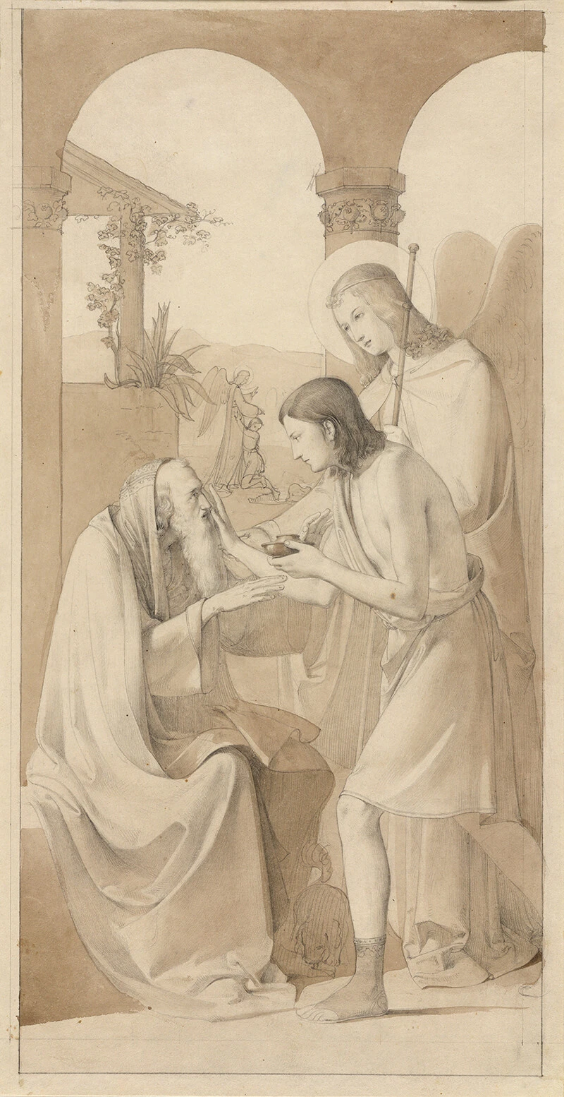 Leopold Kupelwieser: „Die Heilung des blinden Tobit durch Tobias“, Entwurf, Bleistift, laviert, ÖNB, Pk 500, 170. Zwei weitere Studien befinden sich im Niederösterreichischen Landesmuseum.  