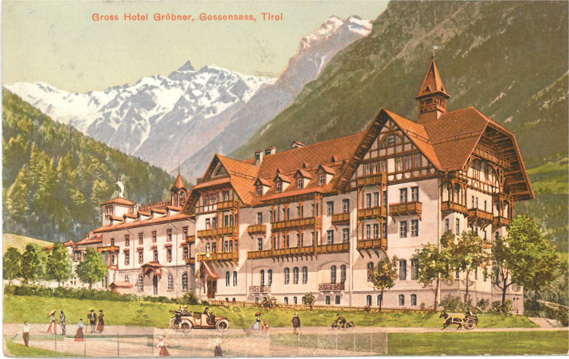 „Großhotel“ Gröbner in Gossensass mit diversen Freizeitangeboten: Kutschenfahrten, Radfahren, Ballsport, Automobile. 