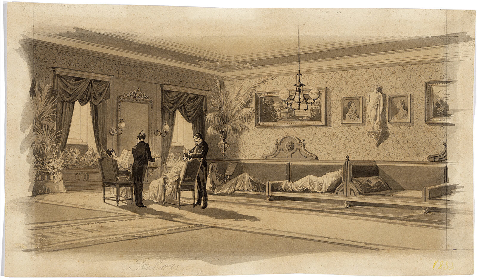 Friseurdienste im Salon des Esterházybads, 1883, aquarellierte Bleistiftzeichnung verm. v. August Stefan Kronstein, Wien Museum 