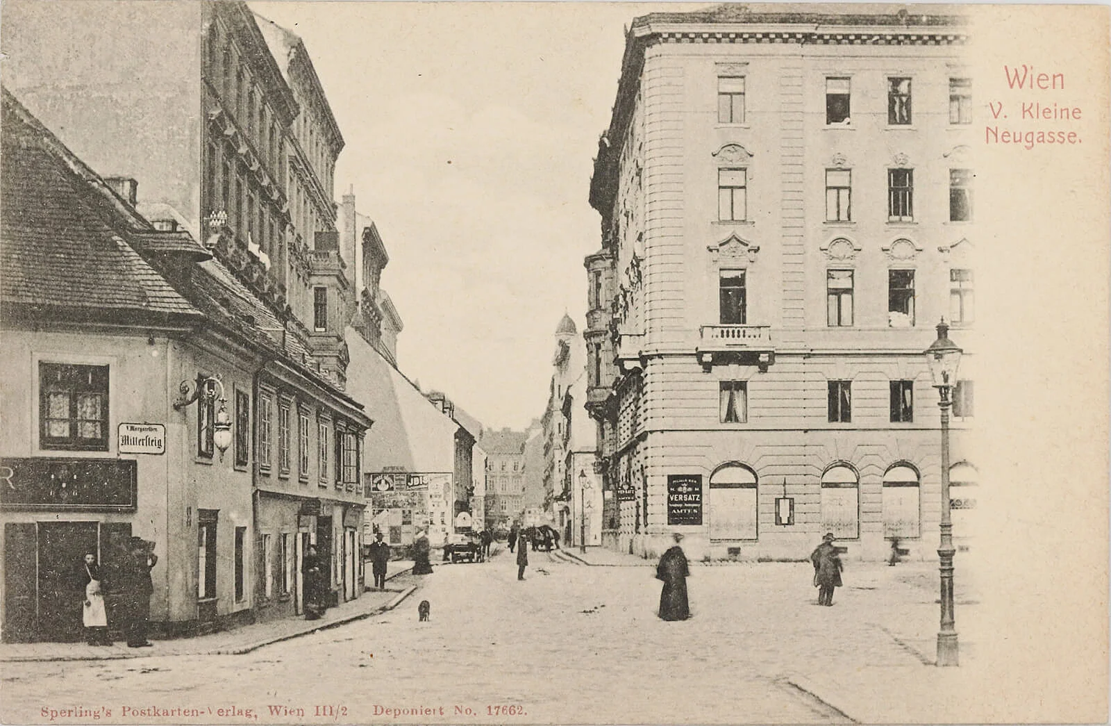 Die Kleine Neugasse im 4. Bezirk, in der sich die erste Niederlassung von Bela Eggers Unternehmen befand. Ansichtskarte, vor 1900, Wien Museum, Inv.-Nr. 185477   