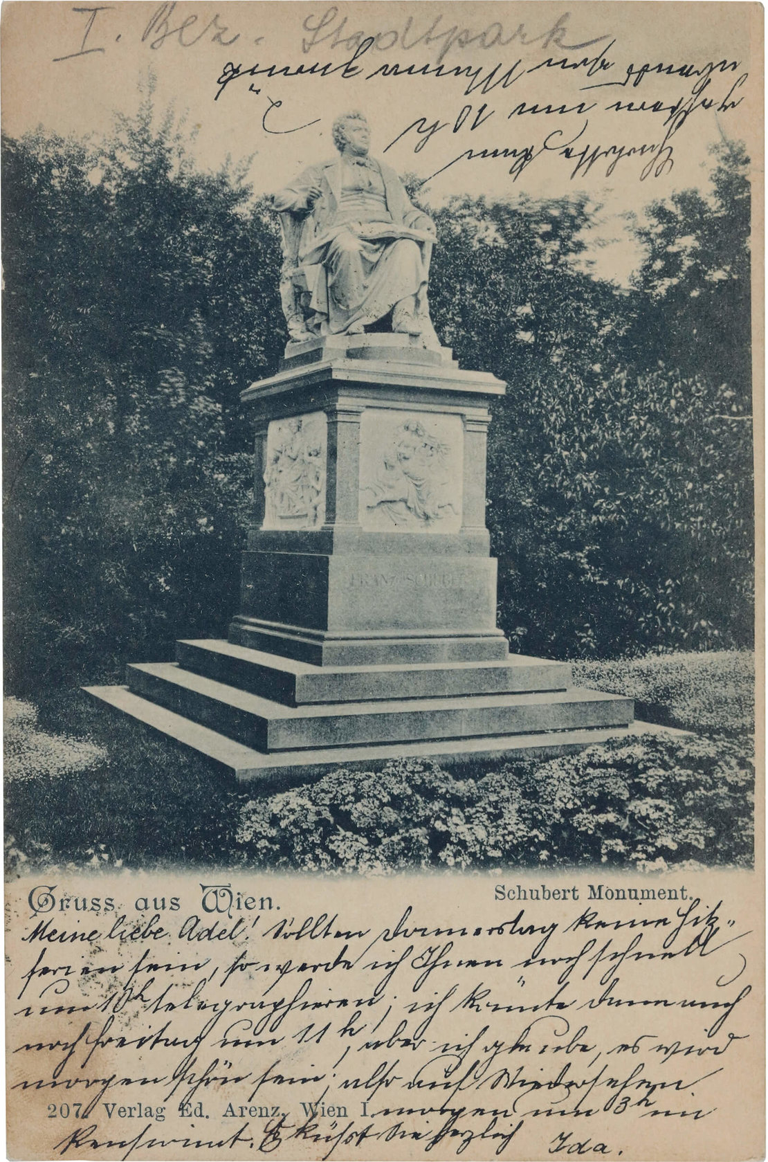 „Gruss aus Wien. Schubert Monument.“, gelaufen 1901 nach Mödling, Wien Museum 