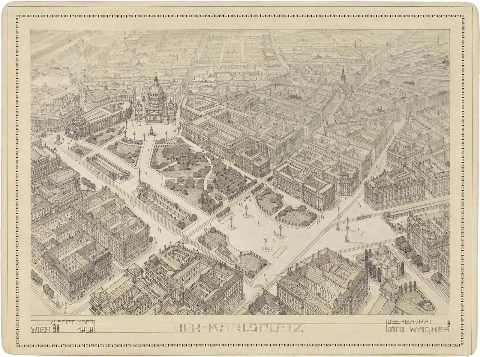 Otto Wagner: Entwurf für den Karlsplatz mit Kaiser Franz-Josef-Stadtmuseum, 1909, Zeichnung: Otto Schönthal, Wien Museum Inv.-Nr. 96006/1  