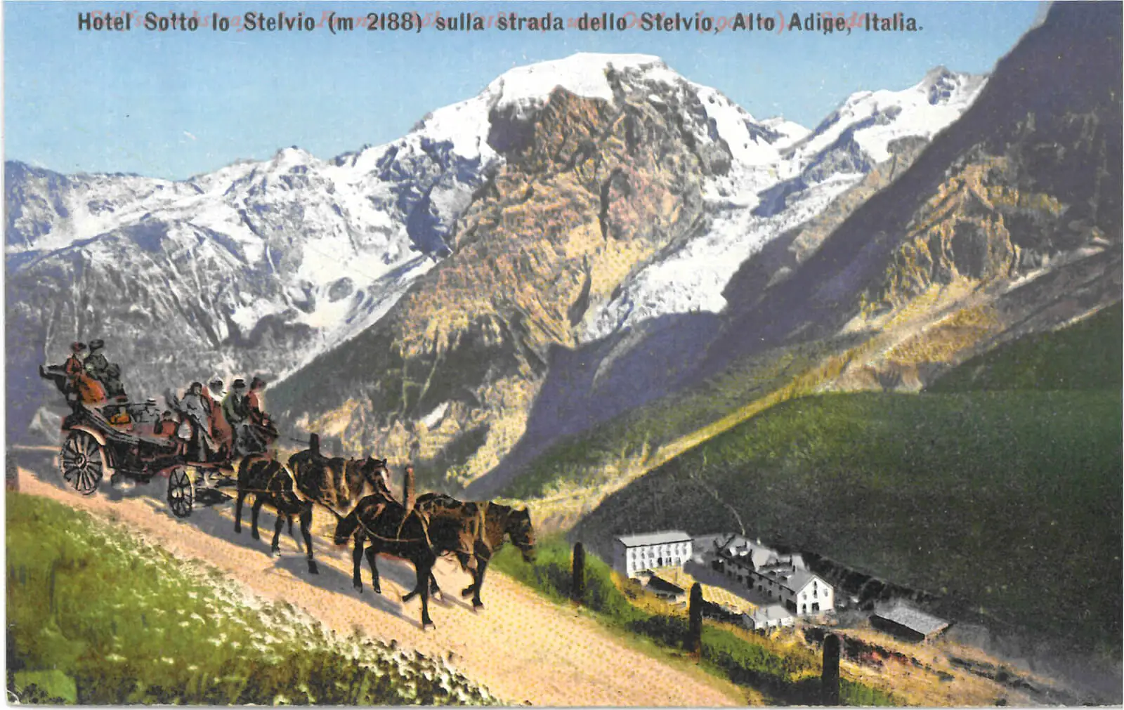 Die Kutschenfahrt über das Stilfserjoch, um zu den Grand Hotels in Sulden und Trafoi zu  gelangen.  