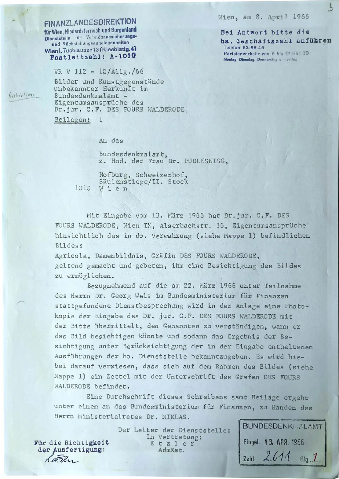 Schreiben der Finanzlandesdirektion Wien, Niederösterreich und Burgenland an das Bundesdenkmalamt, 8. April 1966, Bundesdenkmalamt, Rest.Mat.  
