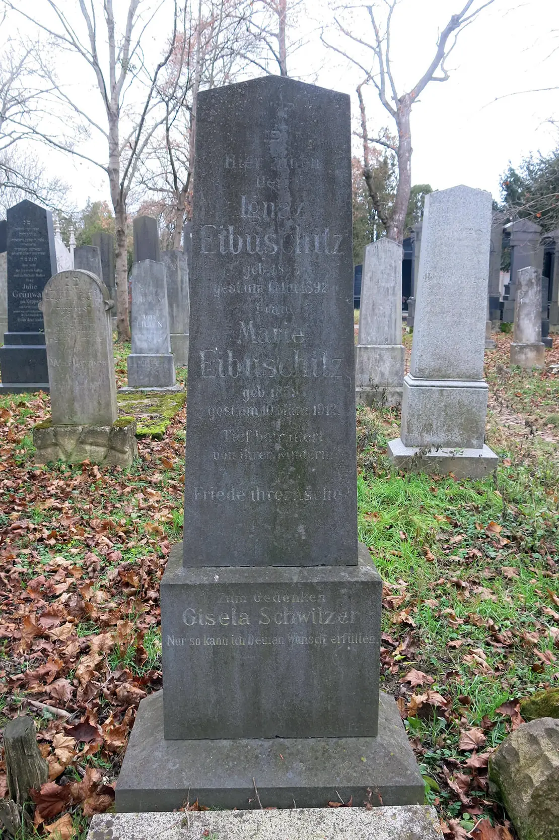 Grab der Familie Eibuschitz am Wiener Zentralfriedhof mit Gedenkinschrift für die von den Nazis ermordete Gisela Einbuschitz (Schwitzer). Foto: Gerhard Milchram