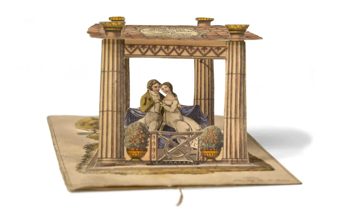 Glückwunschkarte (Zugkarte): „Neben Dir / Ist das liebste / Plätzchen mir (…)“, 1815–1820,  Wien Museum  