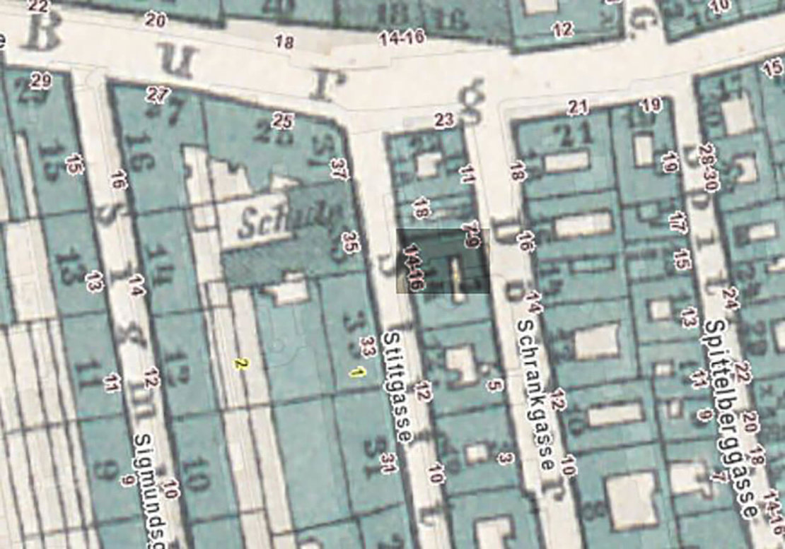 Lage des Gasthaus Neumann auf einem Stadtplan des Jahres 1887, Wiener Stadt- und Landesarchiv 