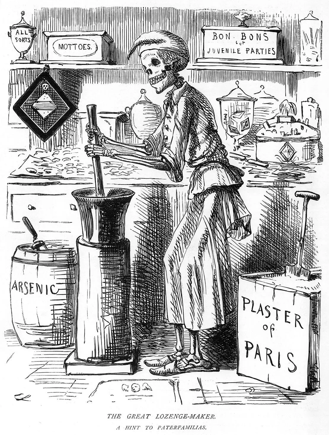 Buchillustration aus England, November 1858. Anlass dazu war ein tragischer Fall, bei dem in Bradford 18 Personen aufgrund einer Bonbon-Vergiftung starben. Foto: TopFoto.co.uk / TopFoto / picturedesk.com