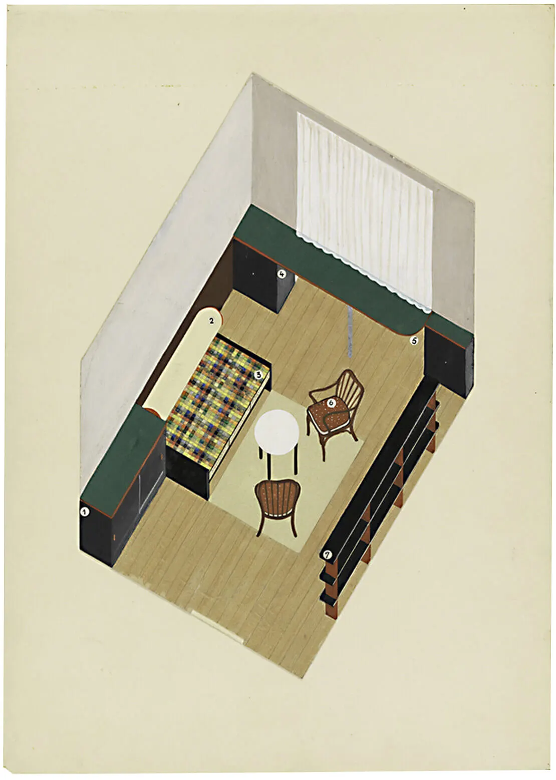 Margarethe Fröhlich, Entwurf eines Wohnzimmers/Schlafzimmers mit Diwanbett und Bugholzstühlen, 1933-1939, Deckfarbe, Aquarell, Tusche, Holzfurnier, Silberfolie, Farbpapier, Bleistift auf Karton, 35,2 x 24,6 cm, Cooper-Hewitt Smithsonian Design Museum, New York  