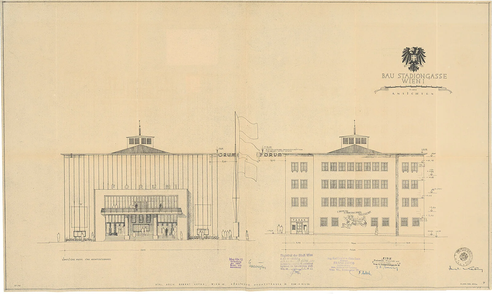 Robert Kotas: Forum Kino, 1949-1950, Ansichten Stadiongasse und Doblhoffgasse. WStLA, M.Abt. 471, A3/1