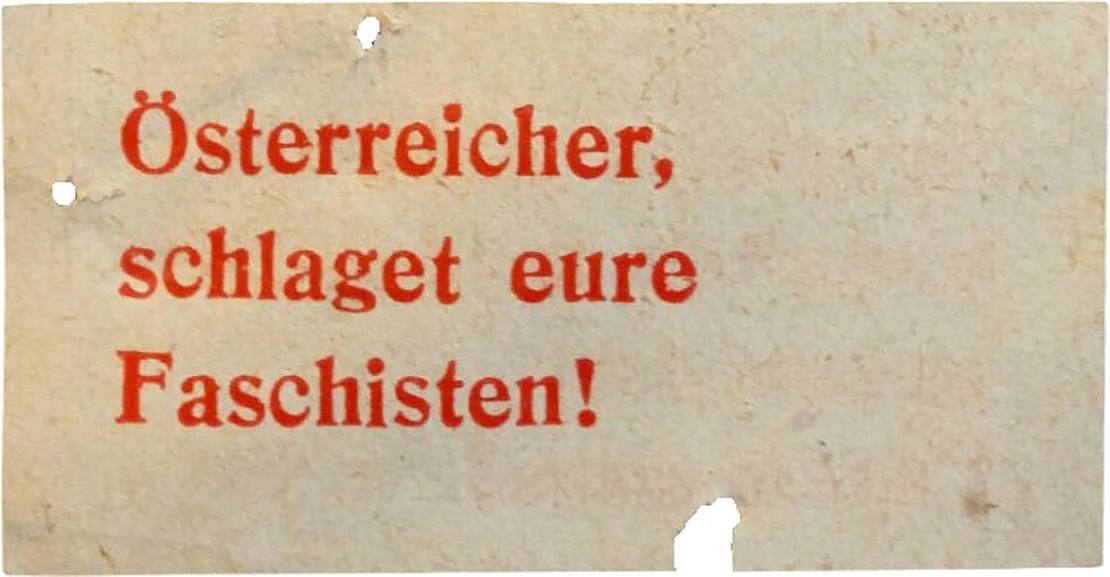 Streuzettel der Revolutionären Sozialisten (Vorder- und Rückseite). Quelle: WStlA, M.Abt. 230, A2 – Q – Abschrankung, notstandspolizeiliche Maßnahmen, Kt. 1, Zl. 648/1938  