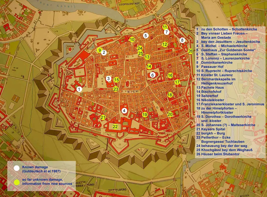 Die Abbildung zeigt die im Zuge des Bebens von 1590 beschädigten Gebäude in der Inneren Stadt. Weiße Schadensstellen waren bis 1987 bekannt, die grünen konnten im Zuge neuerer Forschungen nachgewiesen werden. Quelle: Christa Hammerl/GeoSphere Austria Erdbebendienst.  
