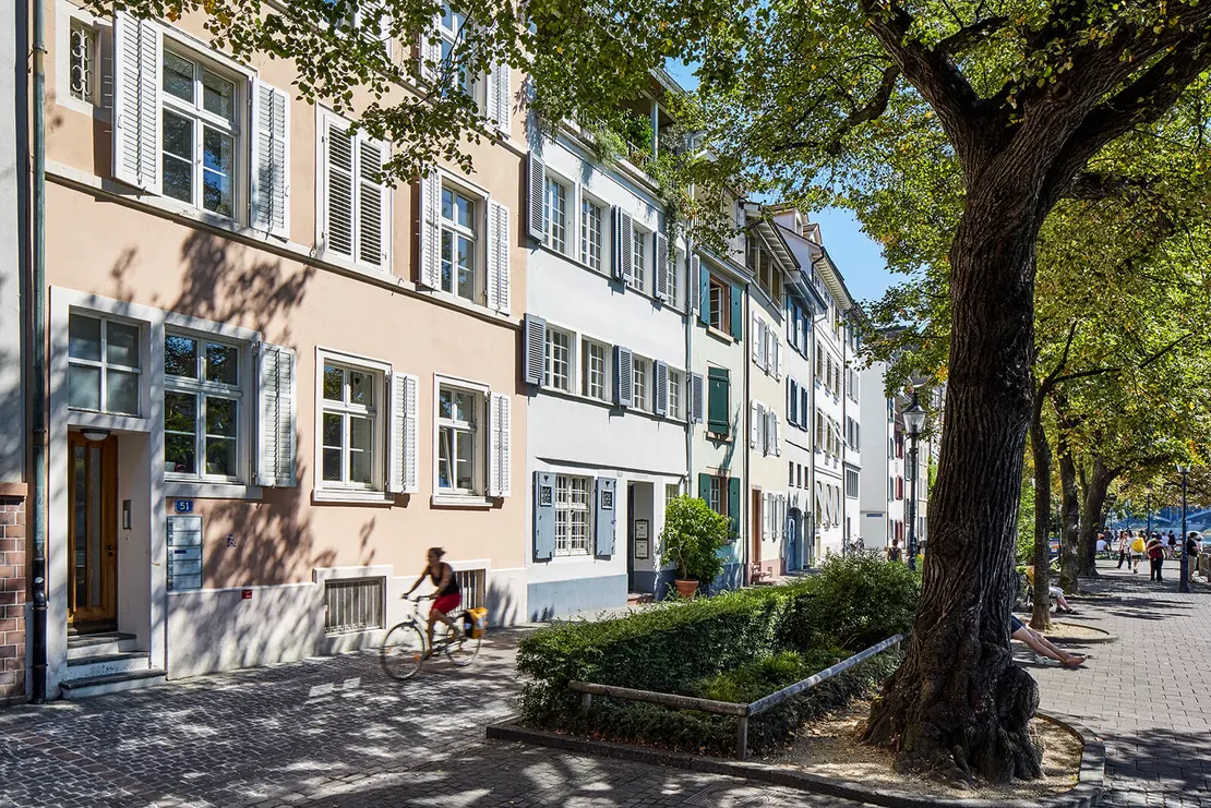 Basel, Oberer Rheinweg: Große Bäume spenden nicht nur Schatten und binden CO2, sondern schaffen auch charakteristische Orte in der Stadt. Foto: Maximilian Meisse