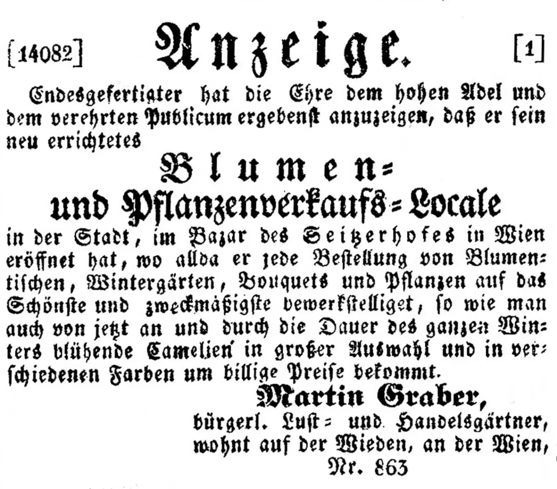 Martin Graber weist am 5. November 1840 in der Wiener Zeitung auf sein „Blumen- und Pflanzenverkaufs-Local“ im Seitzerhof hin. ANNO/ÖNB