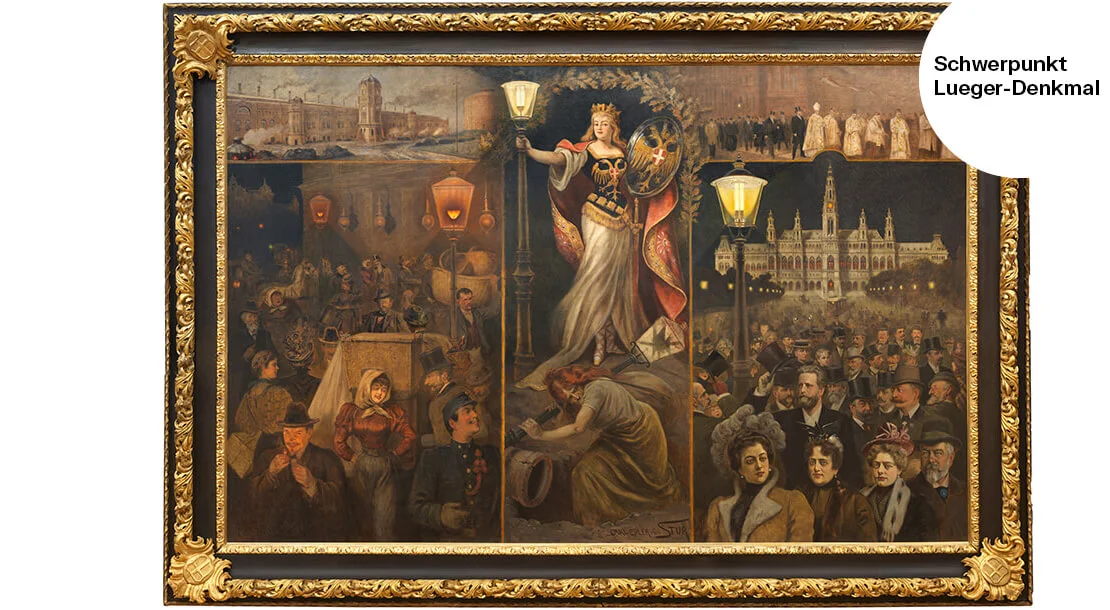 Propagandakunst im Sinne des Bürgermeisters (der rechts unten in der Menschenmenge abgebildet ist): Carl von Stur: Die alte und die neue Gasbeleuchtung, 1900, Wien Museum