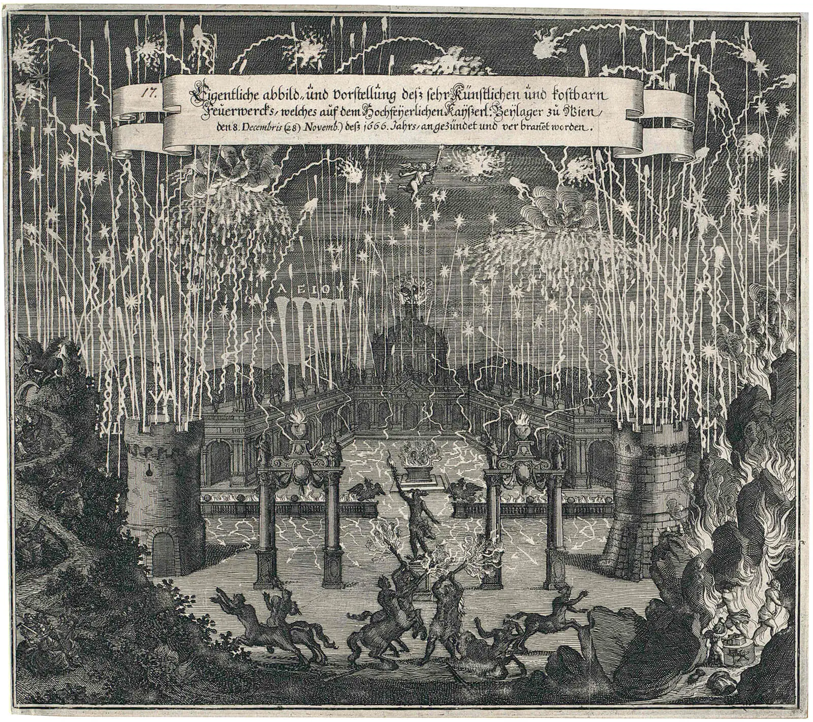 Feuerwerk anlässlich der Hochzeit von Kaiser Leopold I. und Margaretha Theresia, 1666, ÖNB  