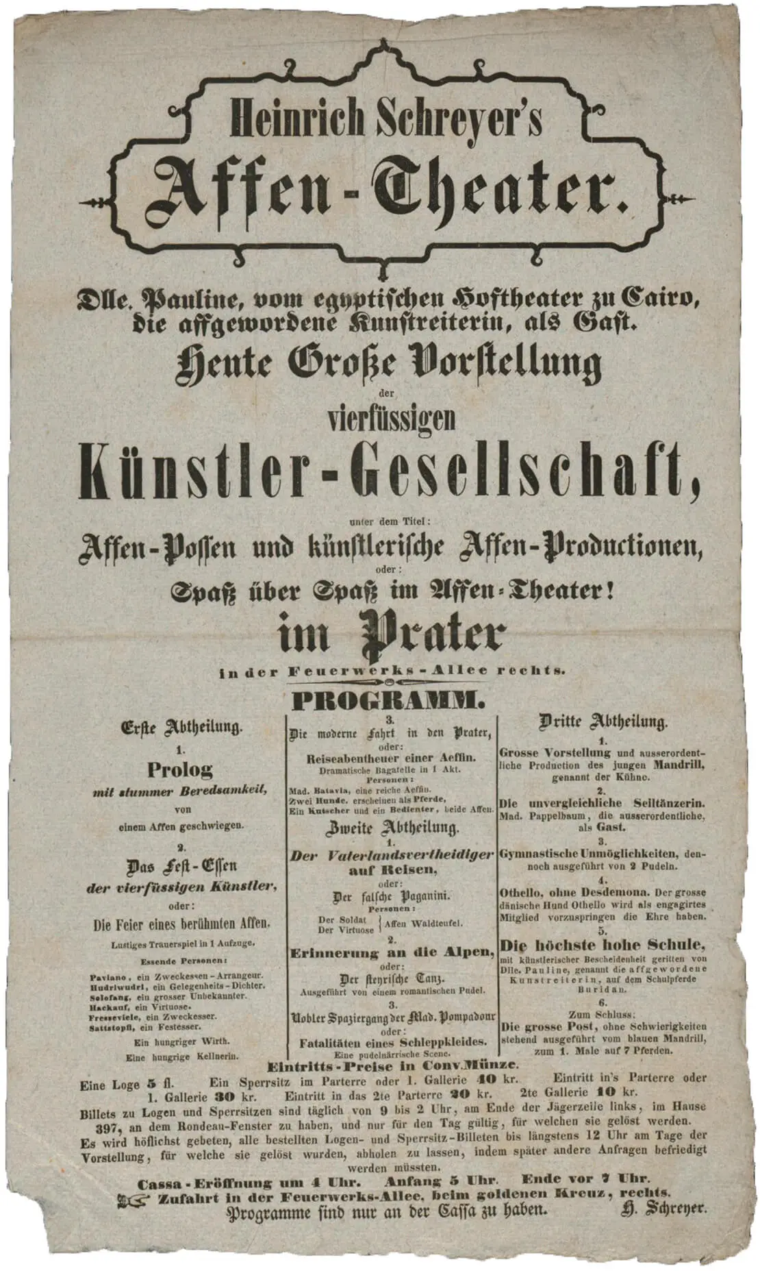Ankündigung von „Heinrich Schreyer's Affen-Theater“, 1847, Wienbibliothek im Rathaus