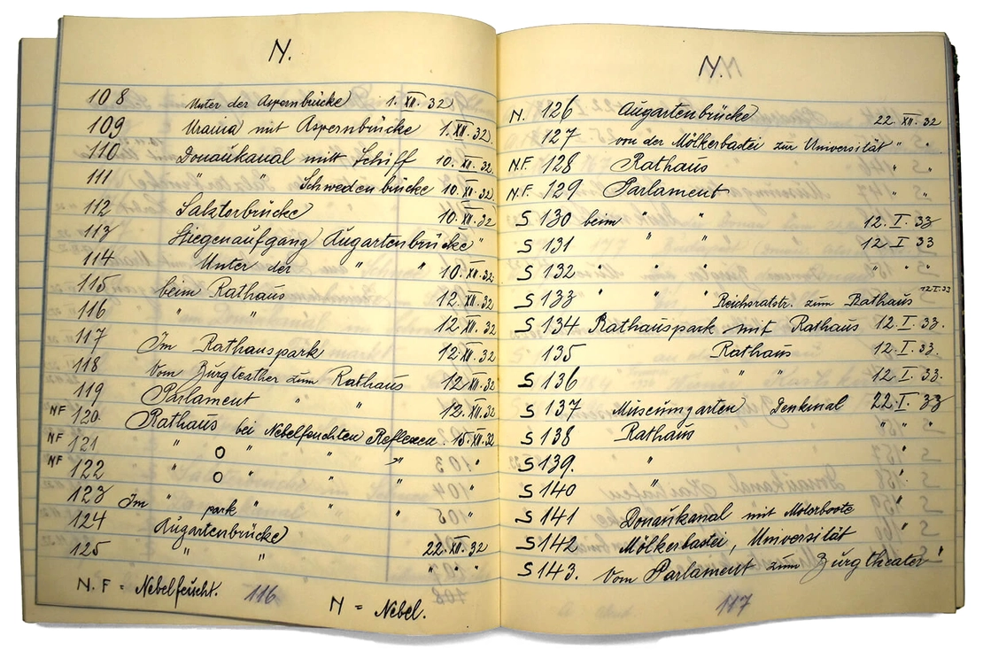 Karl Pollak, Negativverzeichnis, S. 116-117, Nachtaufnahmen 108-143, Wien Museum, Inv.-Nr. 316525  