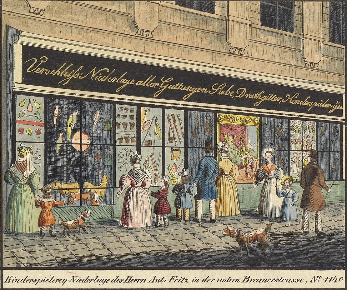Kinderspielerey-Niederlage des Herrn Ant. Fritz in der unteren Breunerstraße, No 1140, aus: Situations-Plan der k. k. Haupt-und Residenzstadt Wien nebst den Ansichten von den Gewölbern der vorzüglicheren Handelsleuten, von Carl Graf Vasquez, um 1835, Wien Museum  