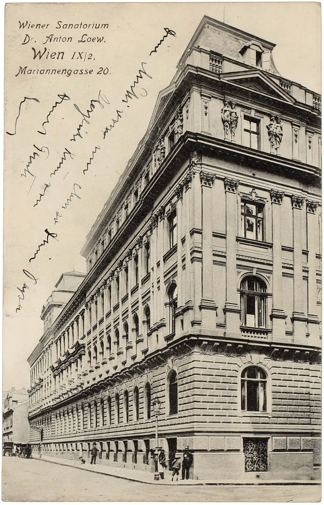 Straßenfassade des Sanatorium Loew, Postkarte, Ledermann, Wien, 1912. Josephinum – Ethik, Sammlungen und Geschichte der Medizin, MedUni Wien   