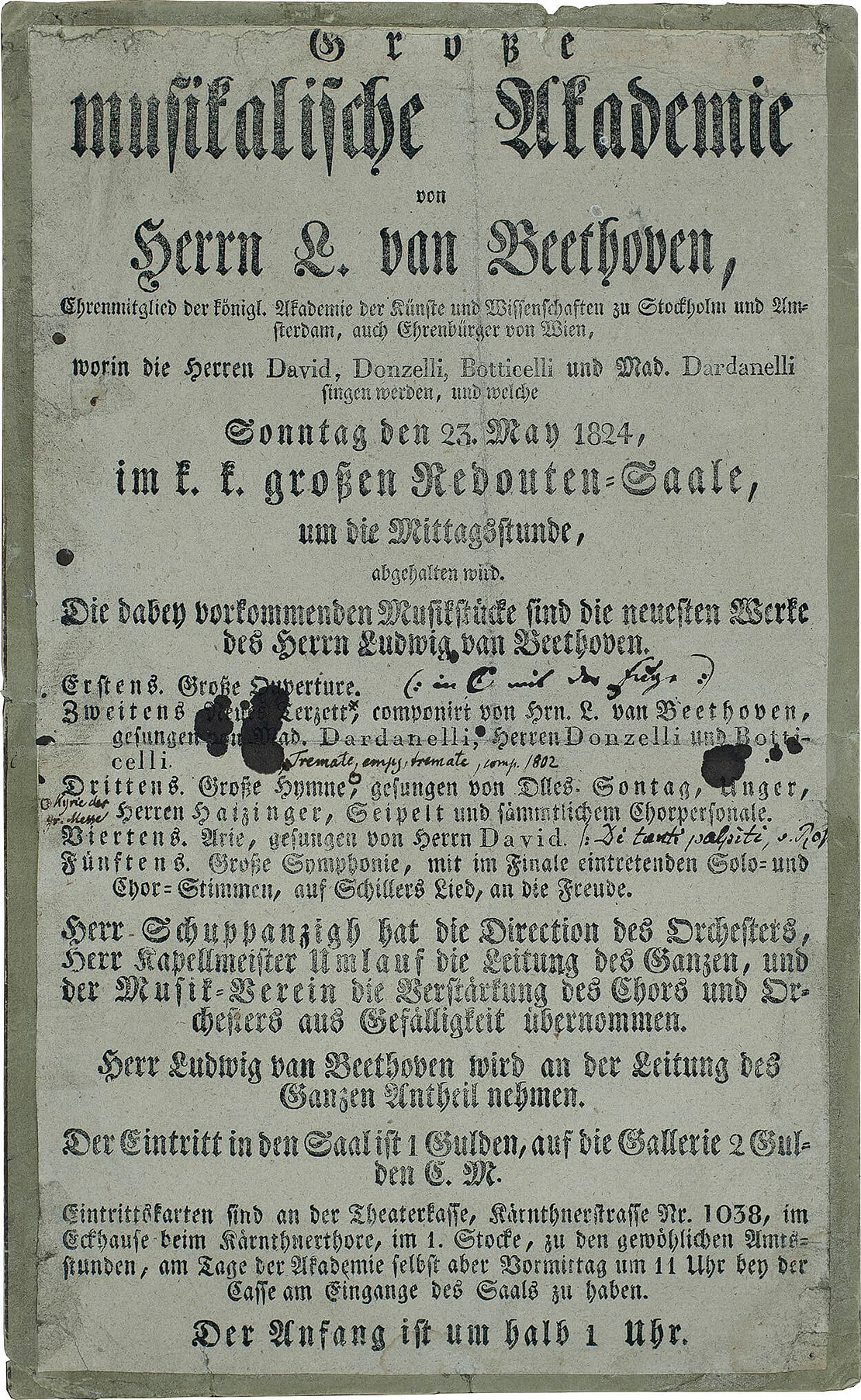 Ankündigung eines Konzerts der neuesten Stücke von Ludwig van Beethoven, mit Caroline Unger als Sängerin, 1824, Musikverein Wien  