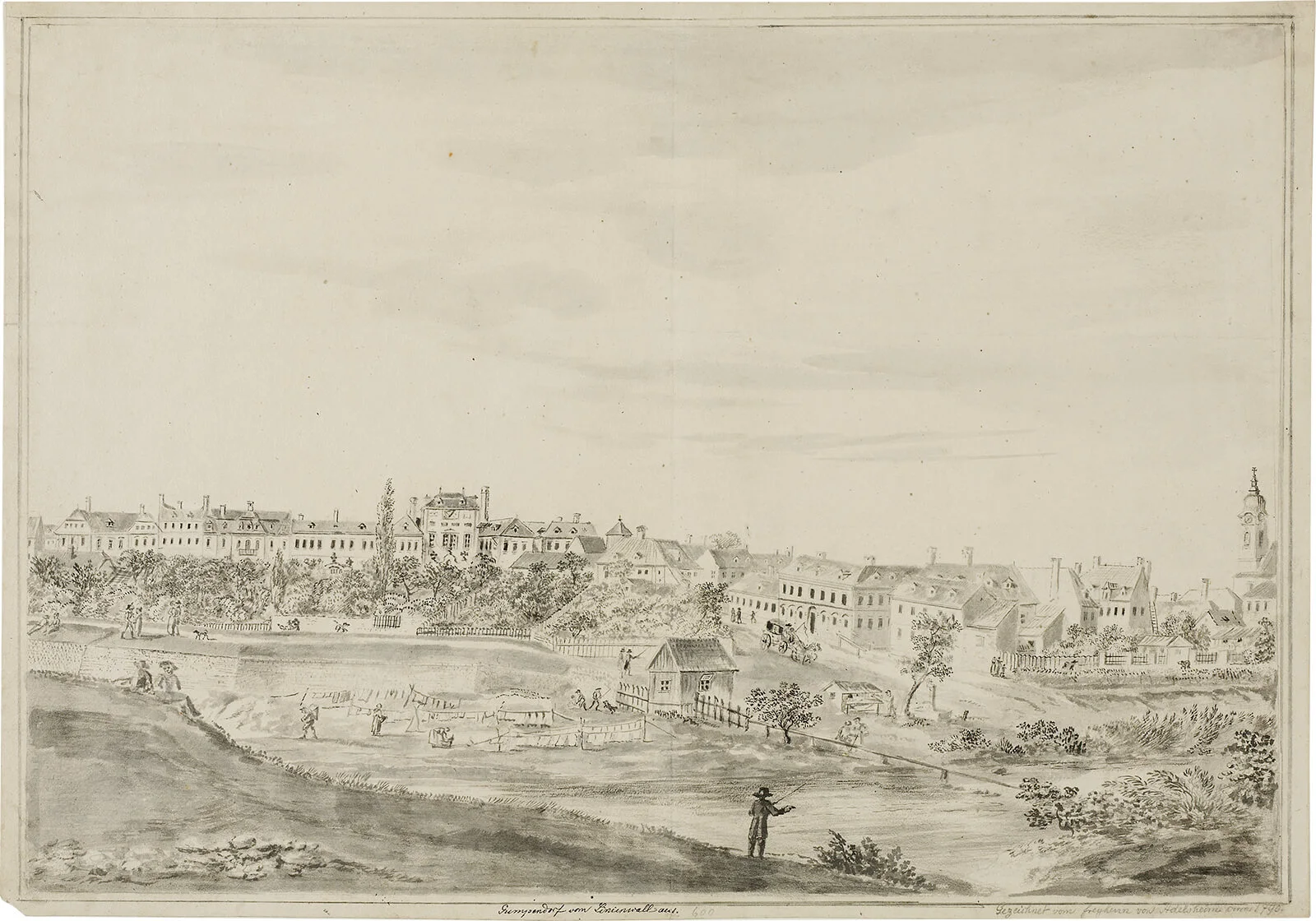 Freiherr von Adelsheim: Gumpendorf vom Linienwall aus, ca. 1790, Bleistift- und Tuschezeichnung, Wien Museum, Inv.-Nr. 42384  