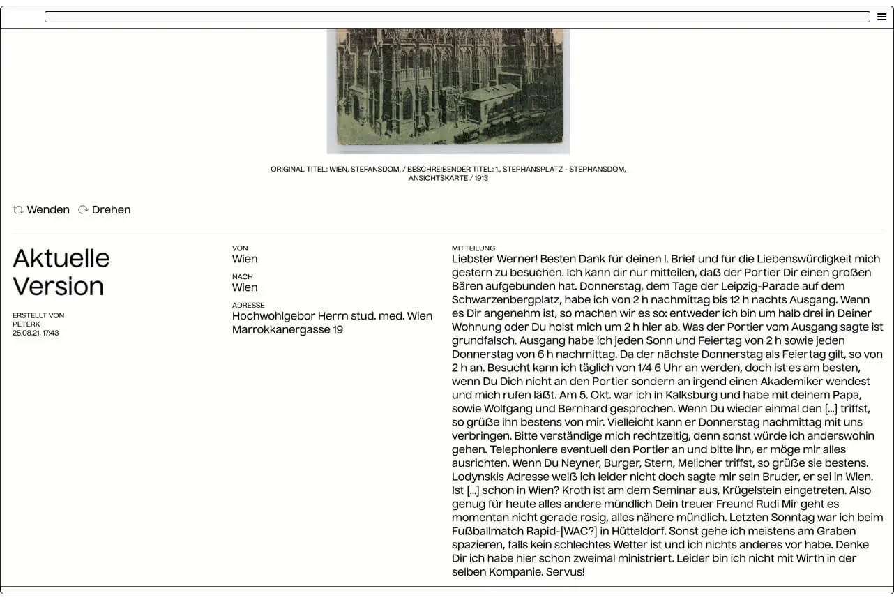 Transkribierte Ansichtskarte mit der längsten Mitteilung, 1913, Wien Museum  