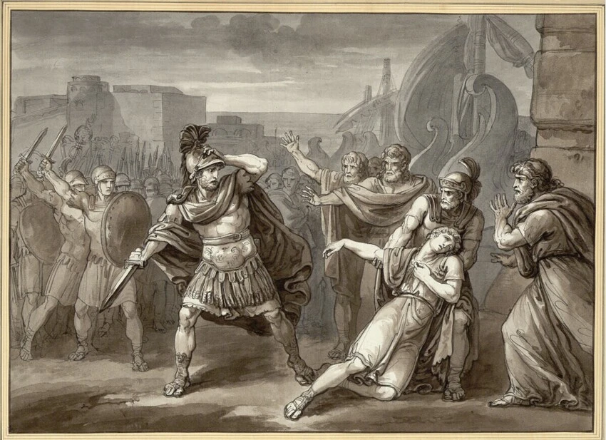 Bartolomeo Pinelli: Idomeneo trifft bei der Heimkehr auf seinen Sohn als das gelobte Opfer, undatiert, Zeichnung, Albertina, Inv.-Nr. 14320