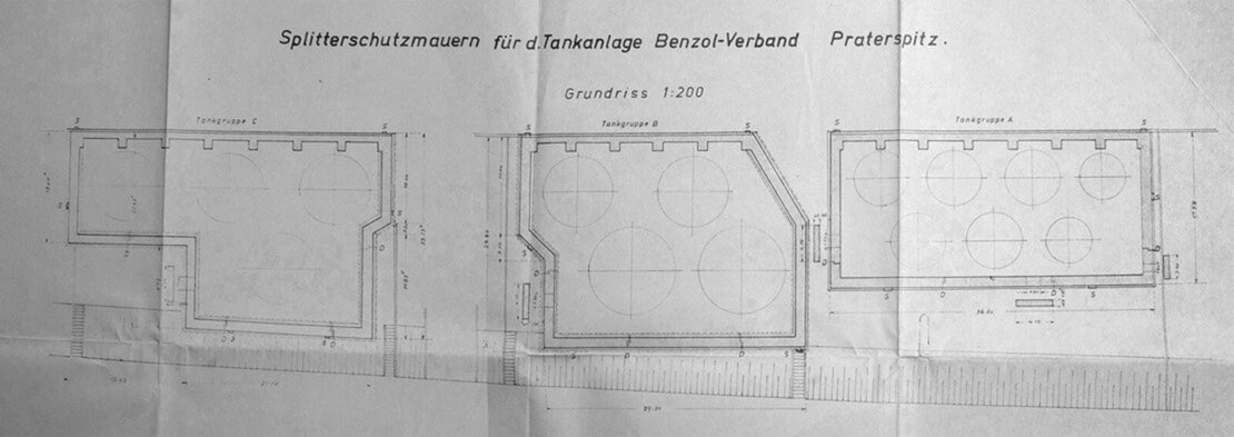 Grundriss der Splitterschutzmauern um die drei Tankgruppen des Benzolverbands, Quelle: WStLA  