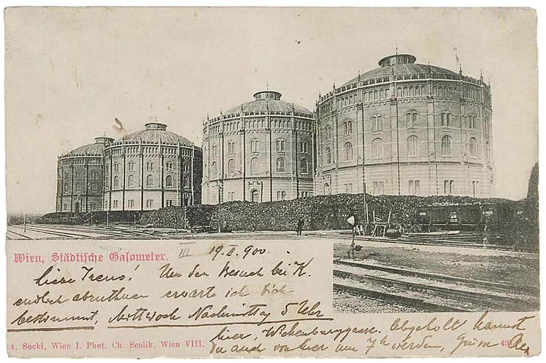 Gasometer um 1900, Ansichtskarte Sammlung Wien Museum