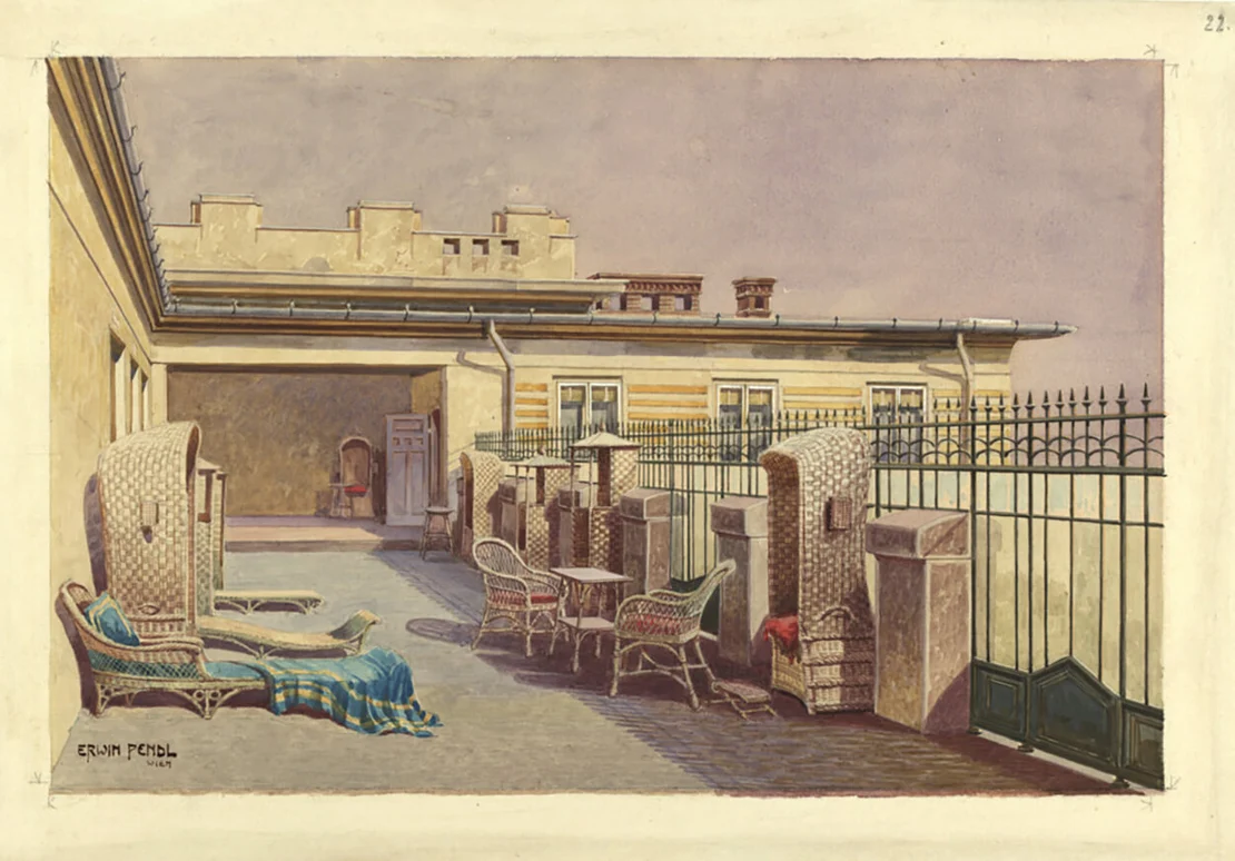 Im Westen der Anlage gab es ein Kurhaus für eine finanzkräftige Klientel (hier die Terrasse des Kurhauses). Mit den Einnahmen daraus daraus sollte die neue psychiatrische Klinik mitfinanziert werden. Aquarell von Erwin Pendl, um 1907, Wien Museum  