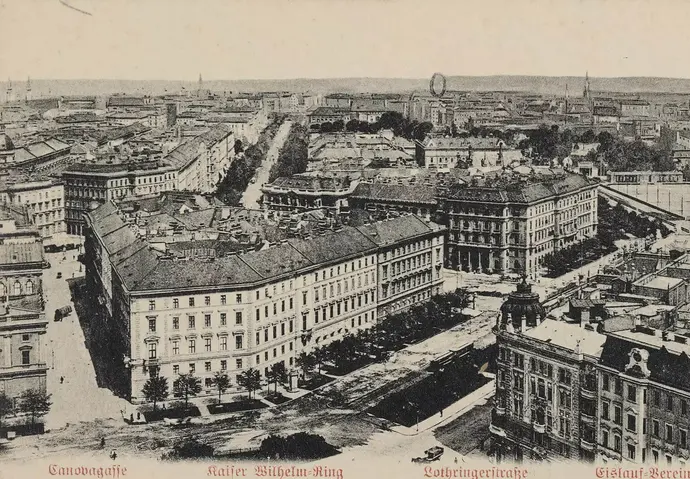 Panorama von Wien, um 1910, vom Karlsplatz aus gesehen. Links die Canovagasse, wo Isidor Geller, der Urgroßonkel von Shelly Kupferberg, ab 1928 im Eckhaus (Nr. 7) die Beletage bewohnte. Wien Museum, Inv.-Nr. 58891/9