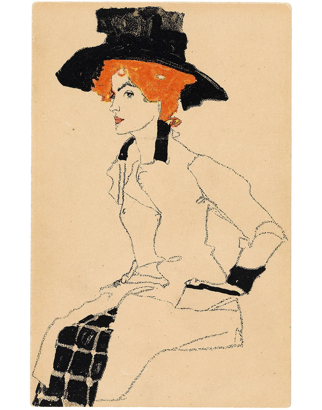 Postkarte der Wiener Werkstätte Nr. 289 nach einer Gouache und Kreidezeichnung von Egon Schiele: Gerti Schiele mit Hut, 1910, versendet von Gerti an Anton Peschka, 1916, Wienbibliothek im Rathaus  