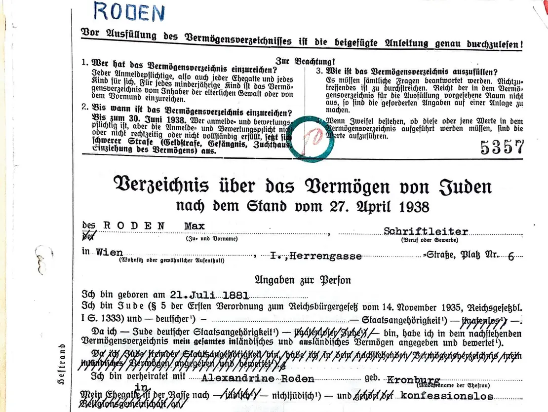 Aus dem Vermögensverzeichnis von Max Roden, 1938, Österreichisches Staatsarchiv, Signatur AT-OeStA/ AdR/ E-uReang/ VVSt/ VA/ 5357   