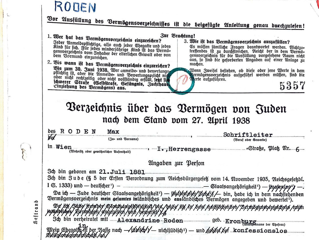 Aus dem Vermögensverzeichnis von Max Roden, 1938, Österreichisches Staatsarchiv, Signatur AT-OeStA/ AdR/ E-uReang/ VVSt/ VA/ 5357 