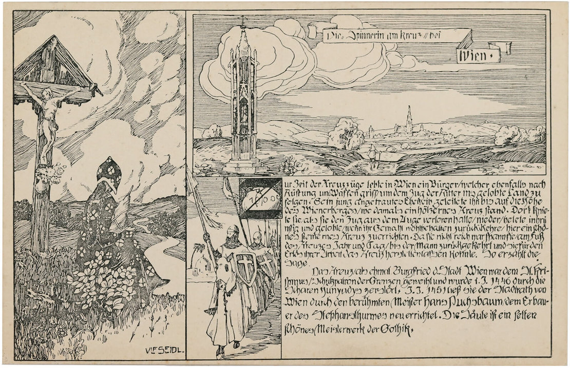 Postkarte mit der Darstellung der Legende von der Spinnerin am Kreuz aus der Serie „Wiener Chronica“, Lithografie nach einer Zeichnung von Ulf Seidl, um 1915, Wien Museum 